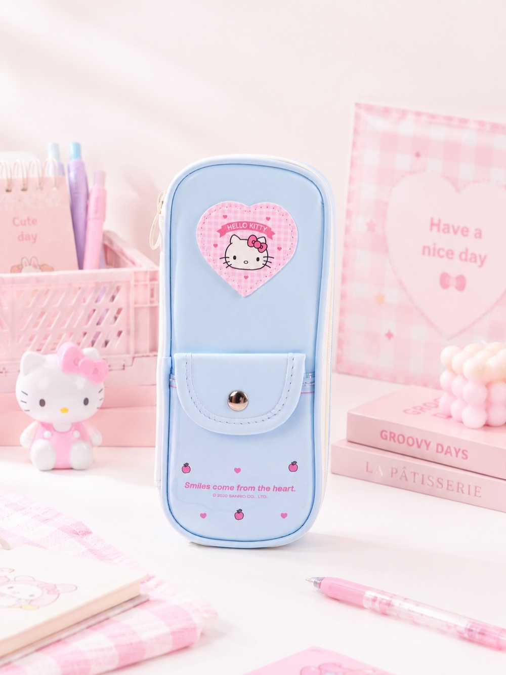 Hello Kitty Light Blue Pencil Case with Pink Heart Patch